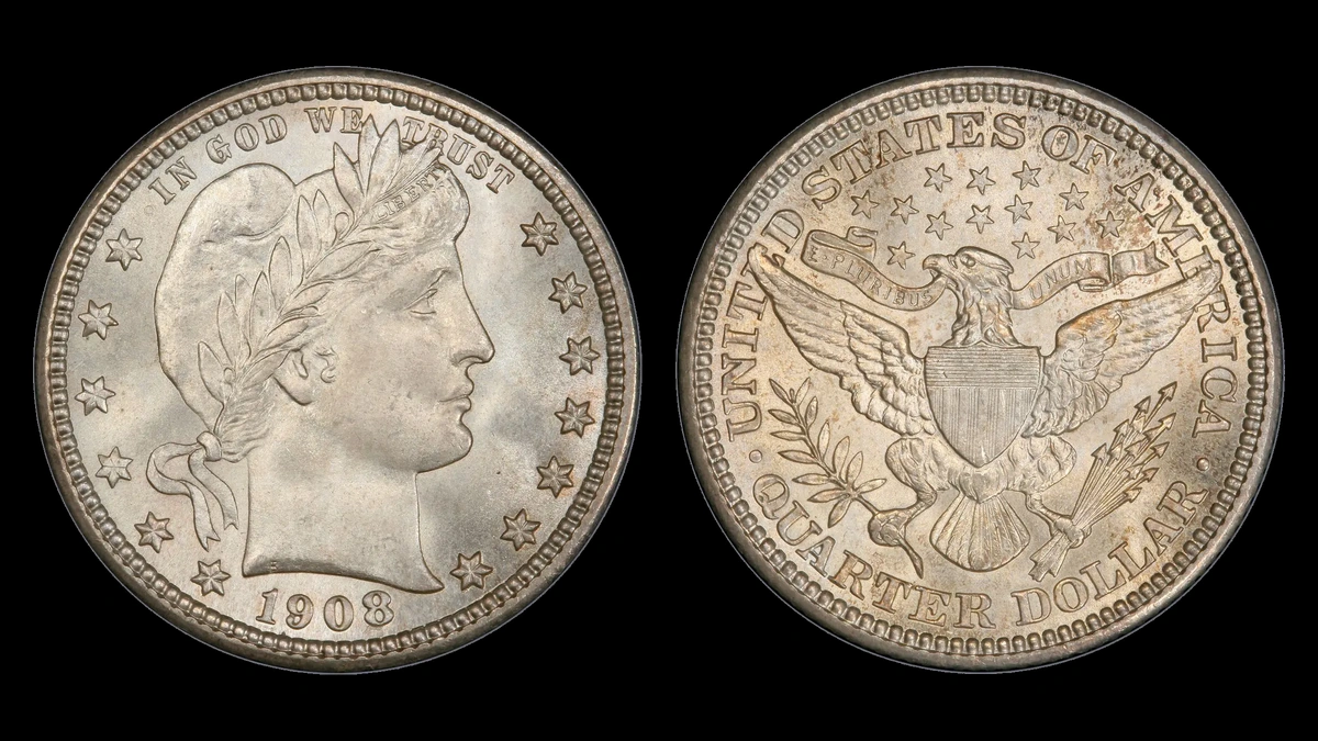 1908 Barber Quarter, obverse and reverse