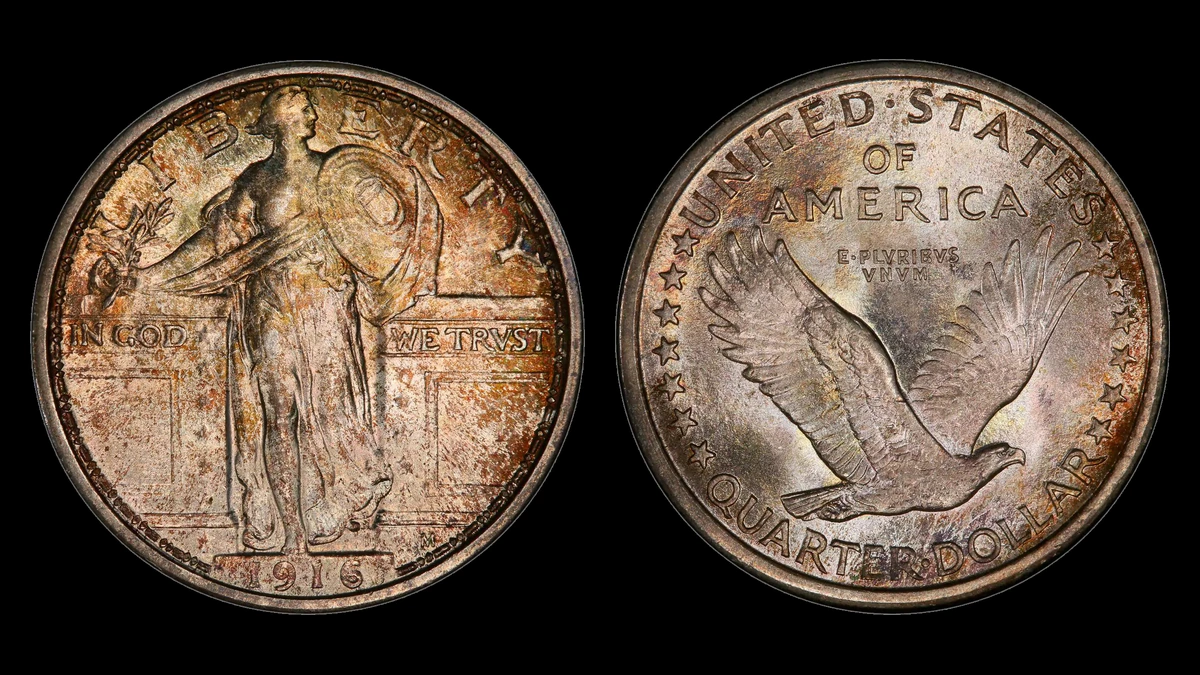 1916 Standing Liberty Standing Liberty Quarter, obverse and reverse