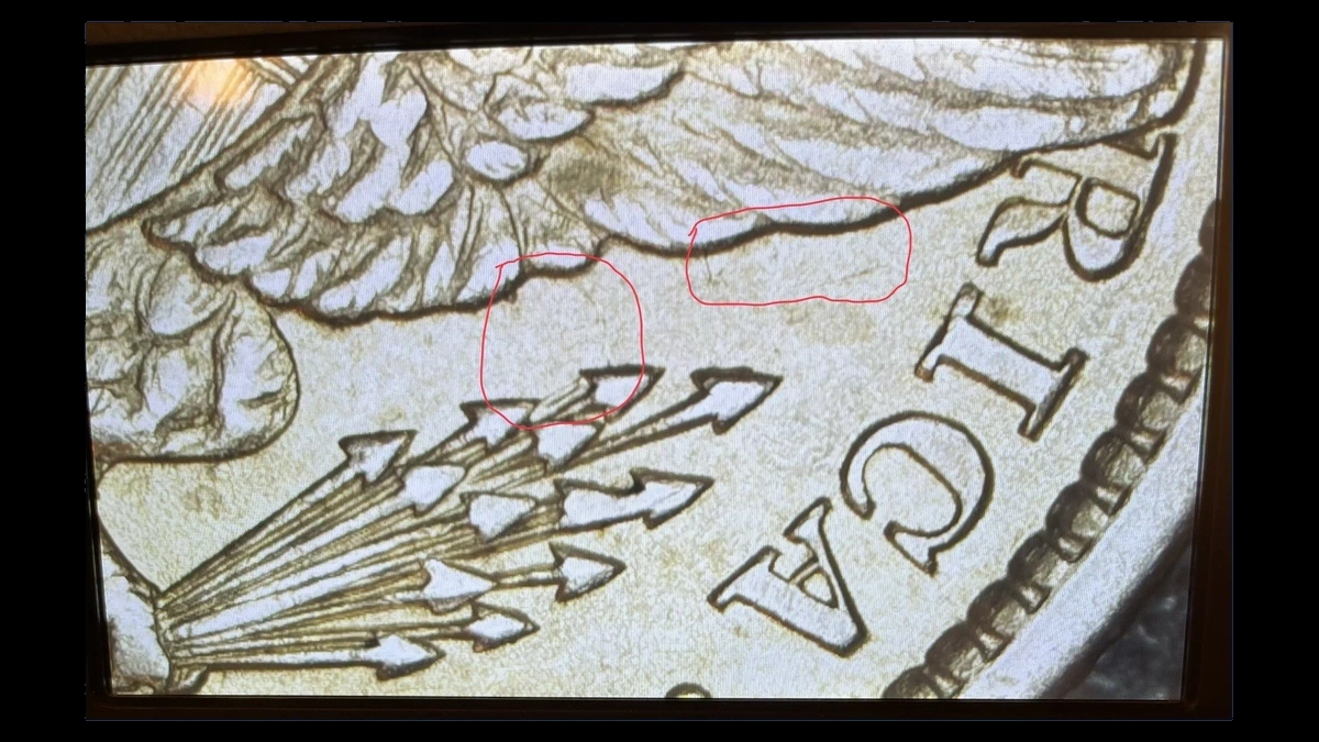 1896 Barber quarter reverse die-clash close-up near the arrows and eagle’s wing