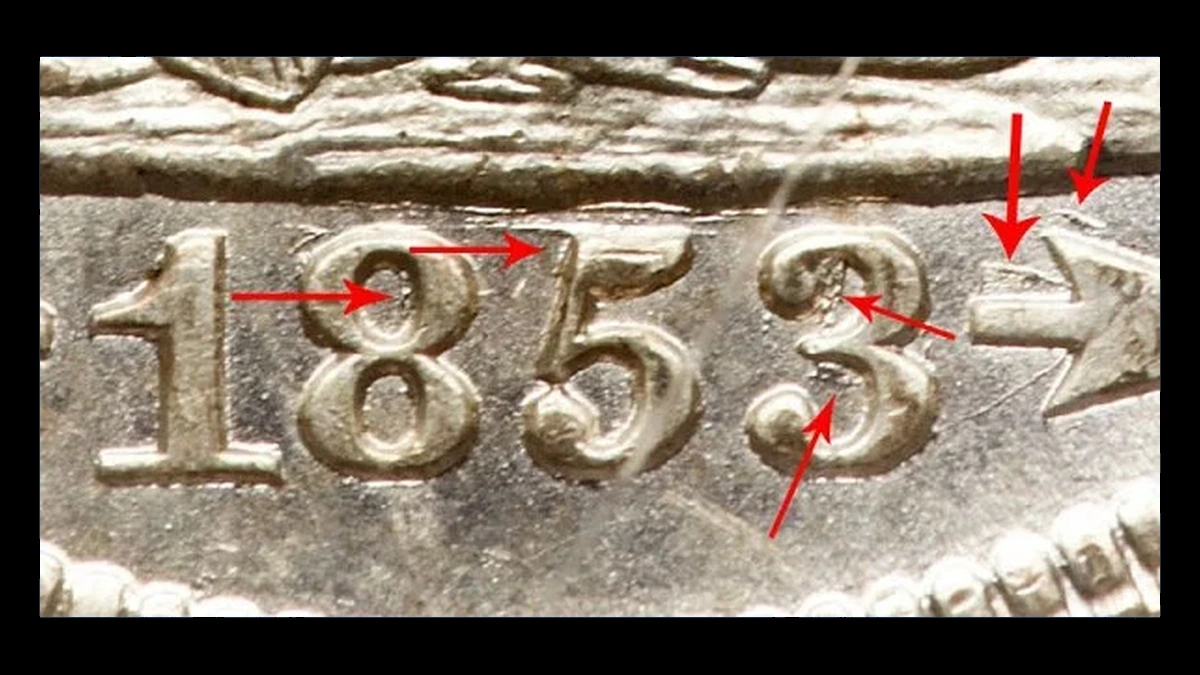 1853 Liberty Seated Quarter: 3 over4 Overdate