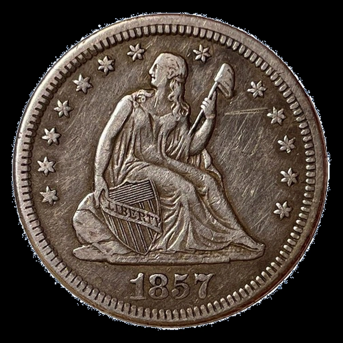 1857 Liberty Seated Quarter: Smoking Liberty Die Break