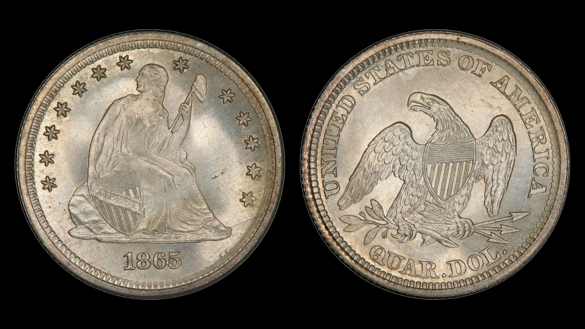 1865 Liberty Seated Quarter, obverse and reverse