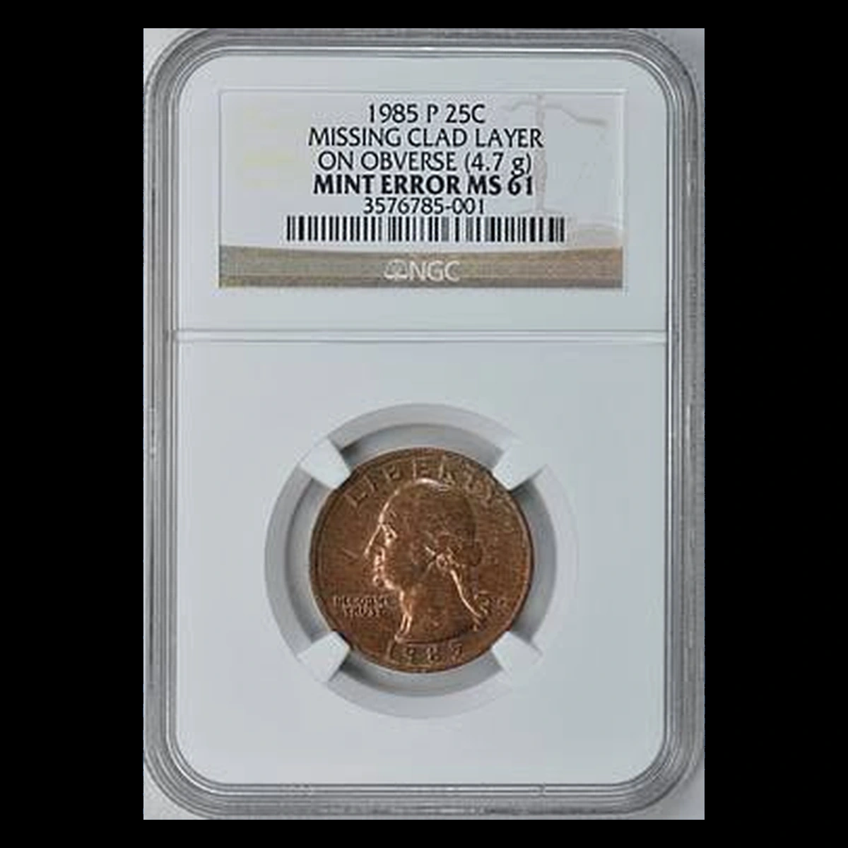 1985 Washington Quarter: Missing Obverse Clad Layer