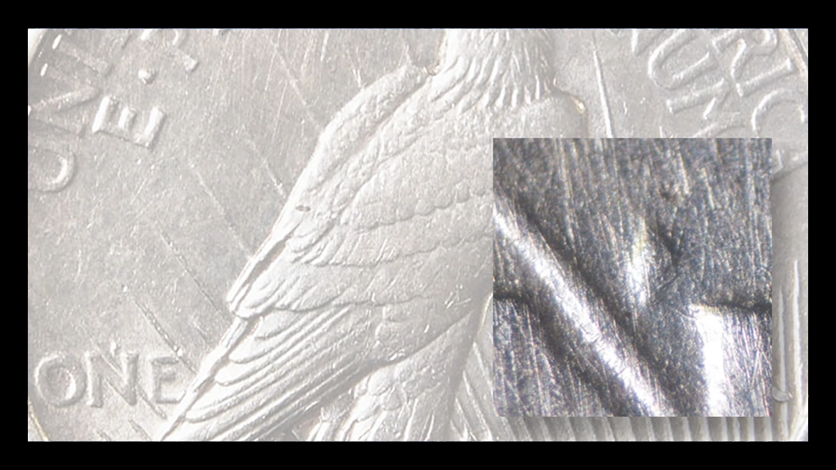 1921 Peace Dollar: dot-like die gouge above N in ONE