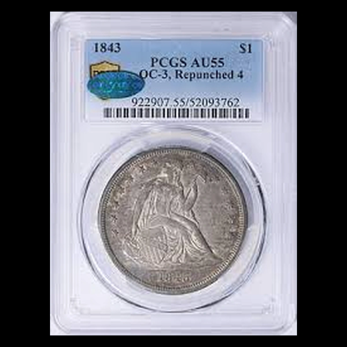 1843 Liberty Seated Dollar: Repunched Date