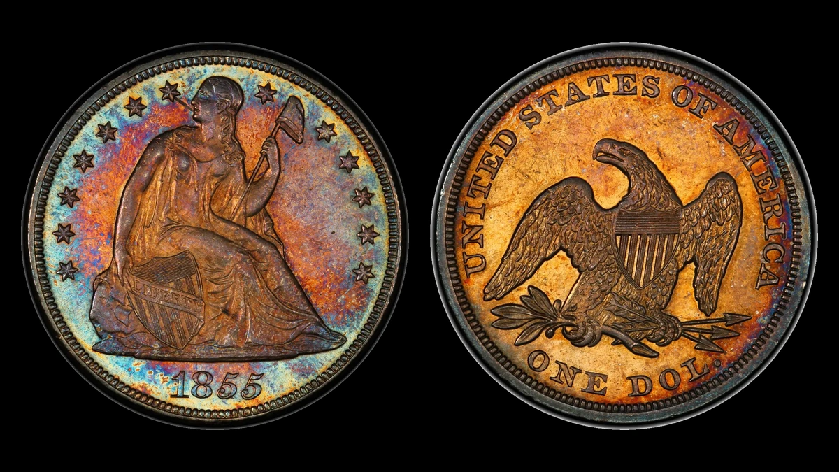 1855 Liberty Seated Dollar, obverse and reverse