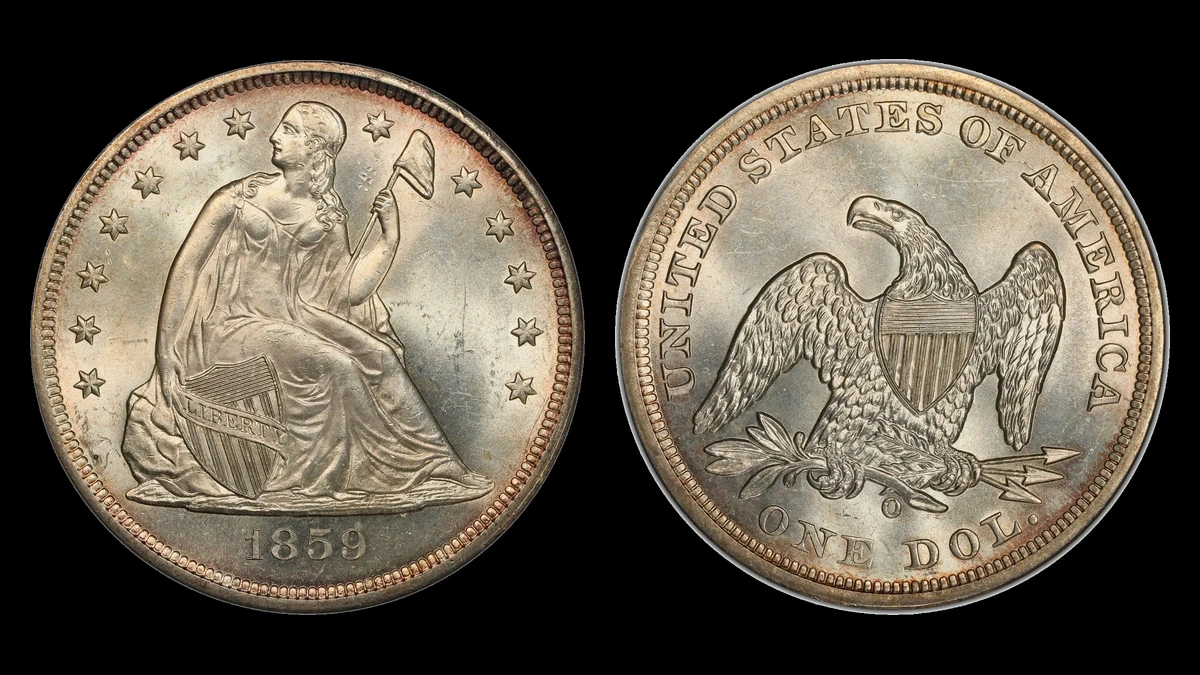 1859-O Liberty Seated Dollar, obverse and reverse