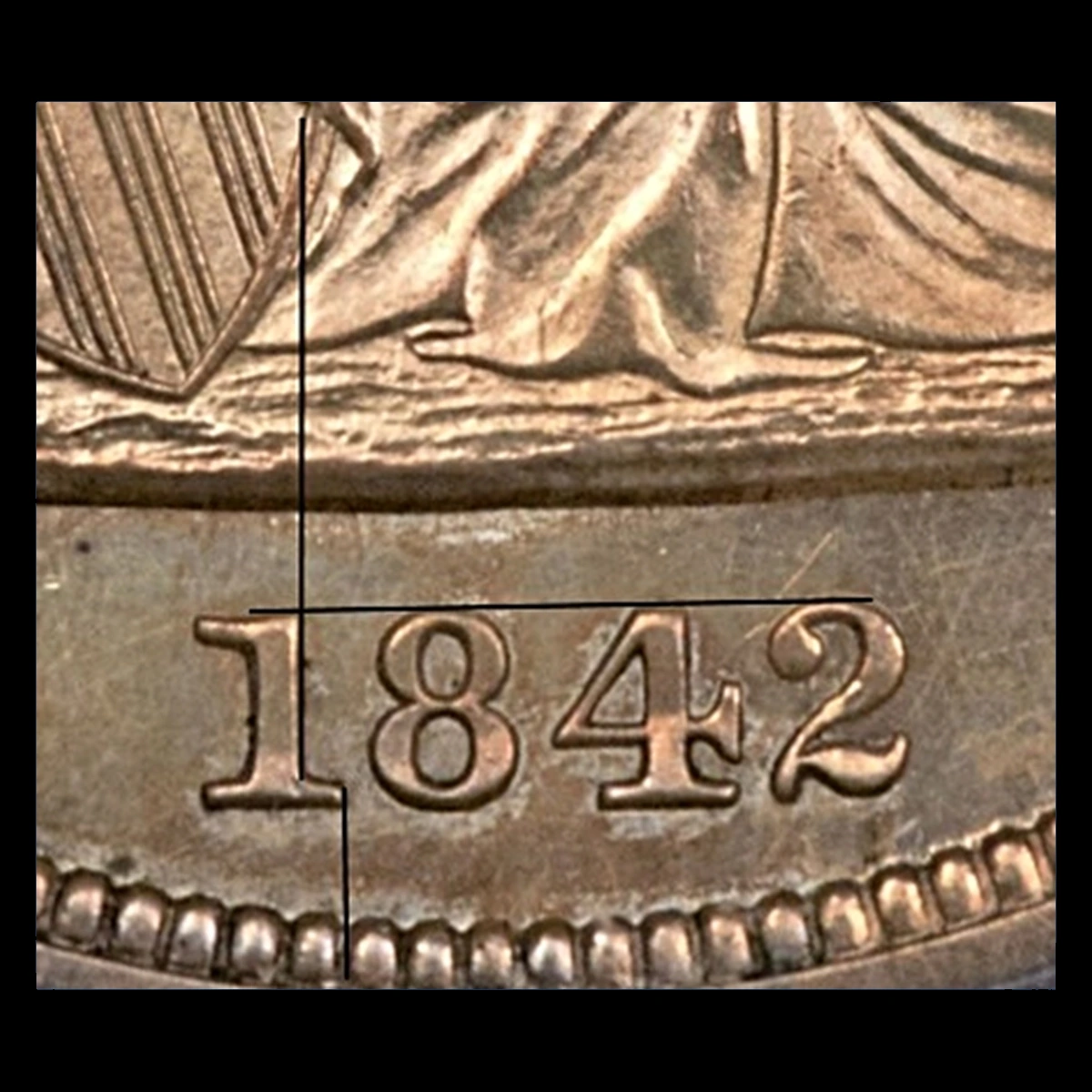 1842 Liberty Seated Dollar: Repunched Date