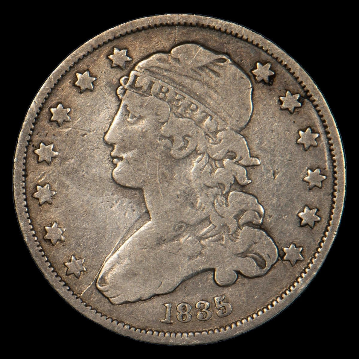 1835 Capped Bust Quarter: Die Break / Cud