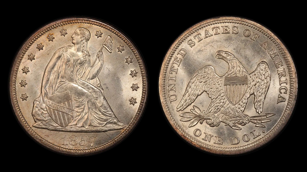 1857 Liberty Seated Dollar, obverse and reverse