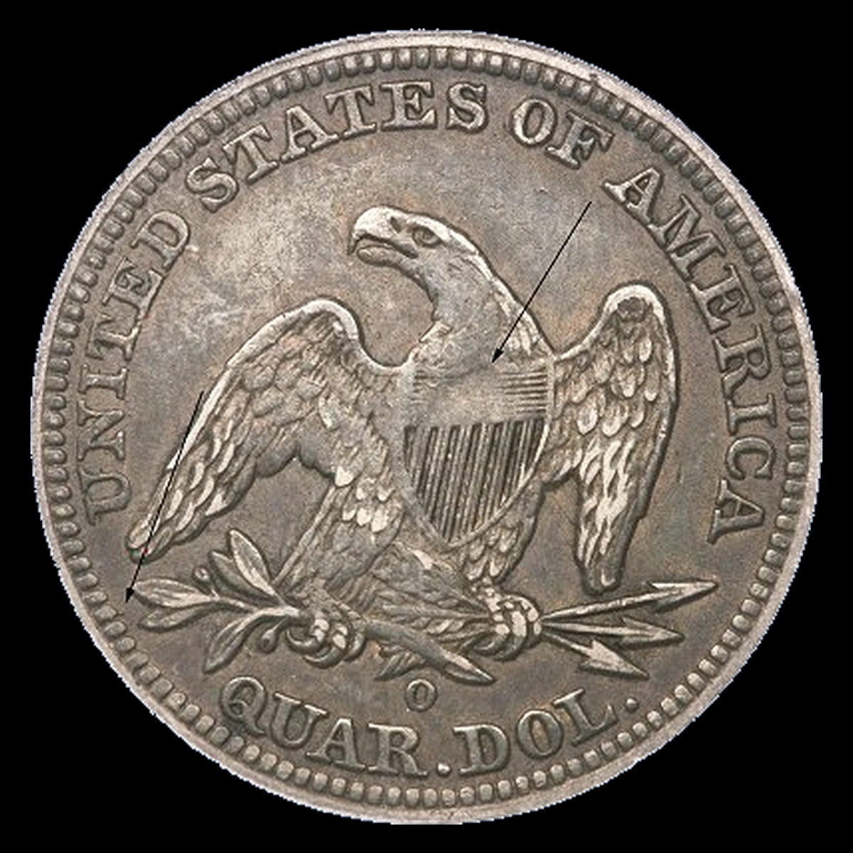 1842 Liberty Seated Quarter: Damaged Reverse Die