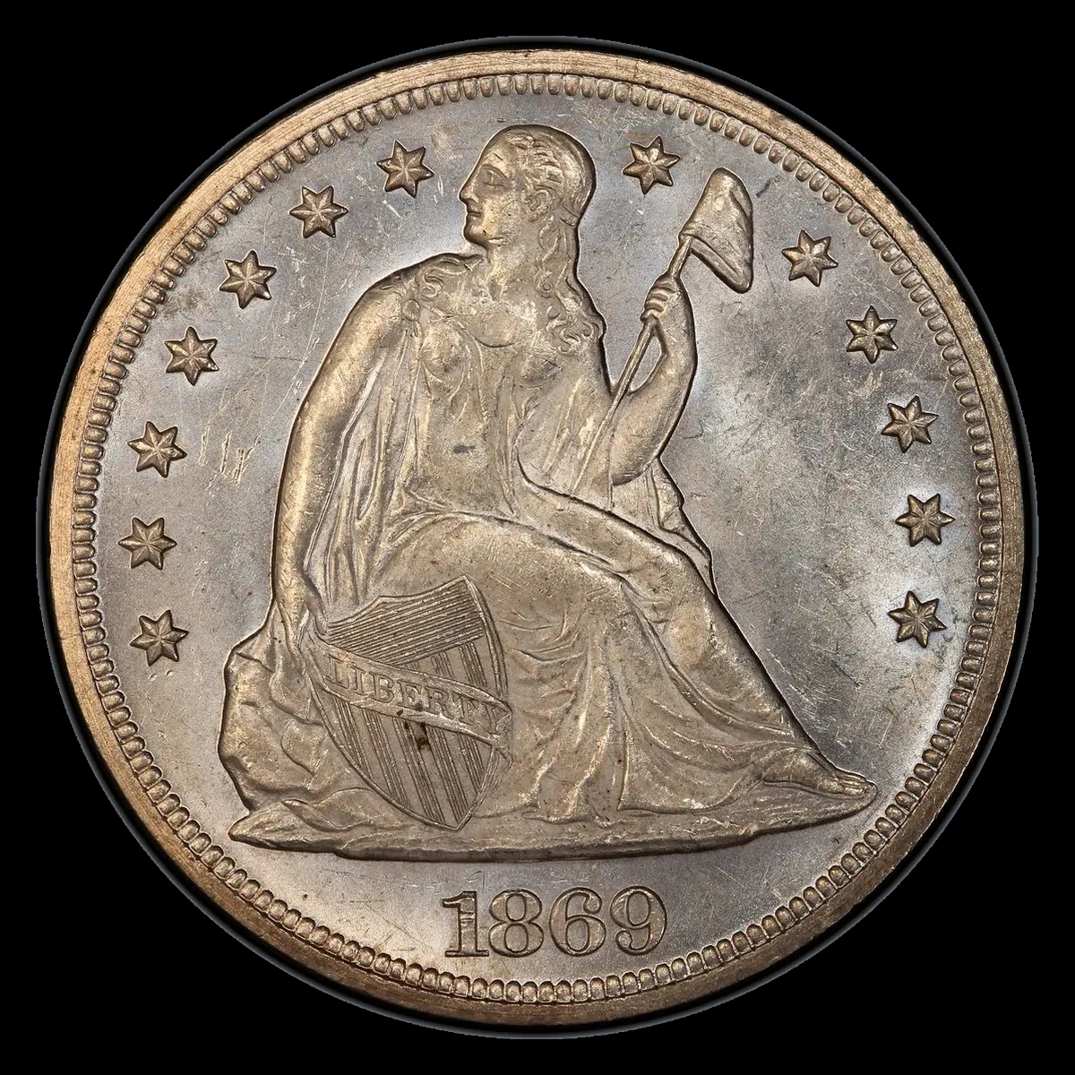 1869 Liberty Seated dollar with a repunched date