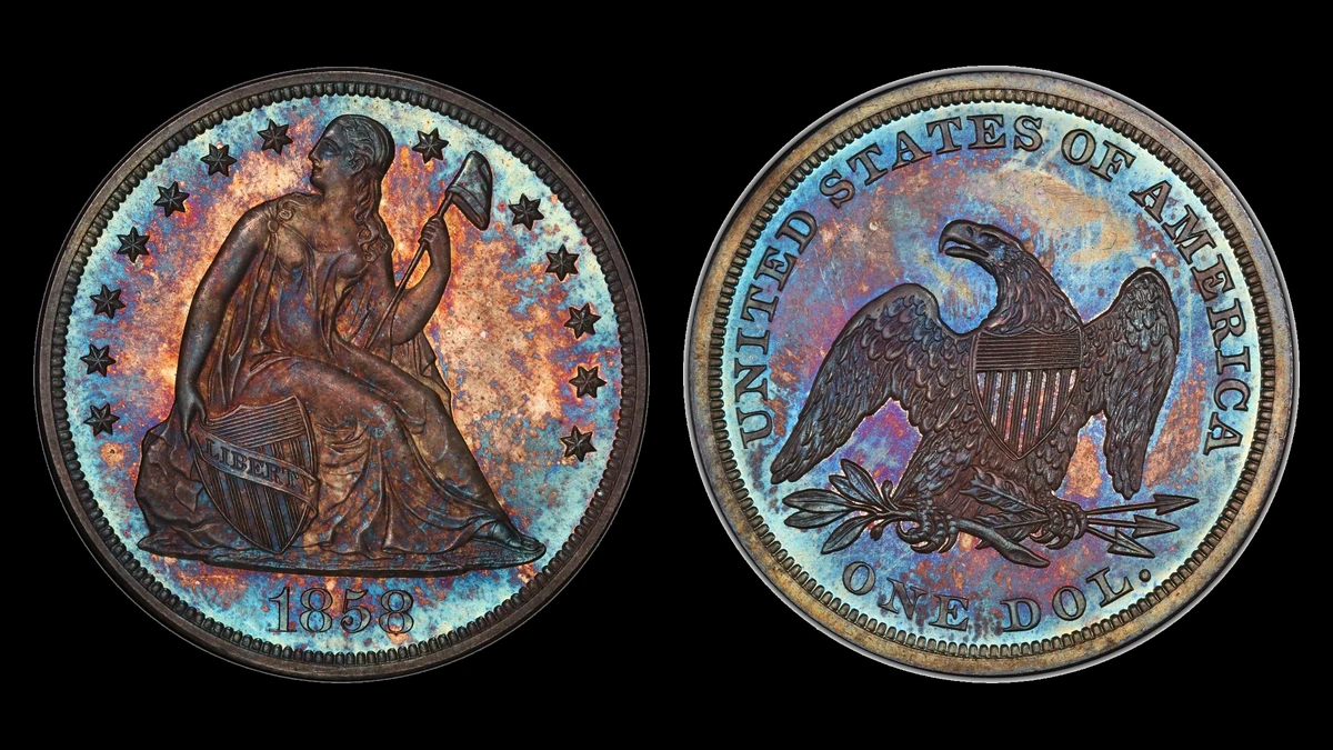 1858 PR Liberty Seated Dollar, obverse and reverse