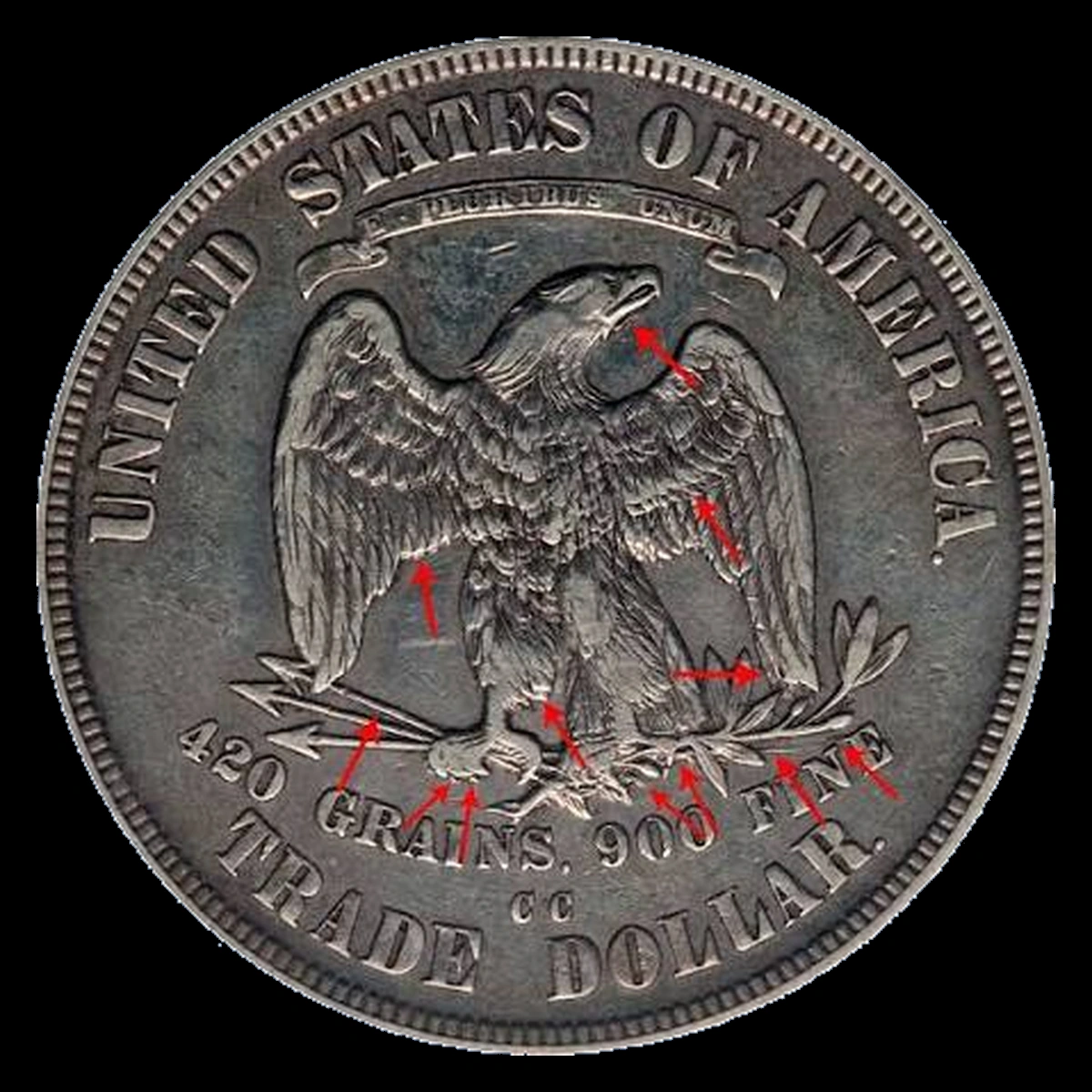 1876 Trade Dollar: Doubled Die Reverse